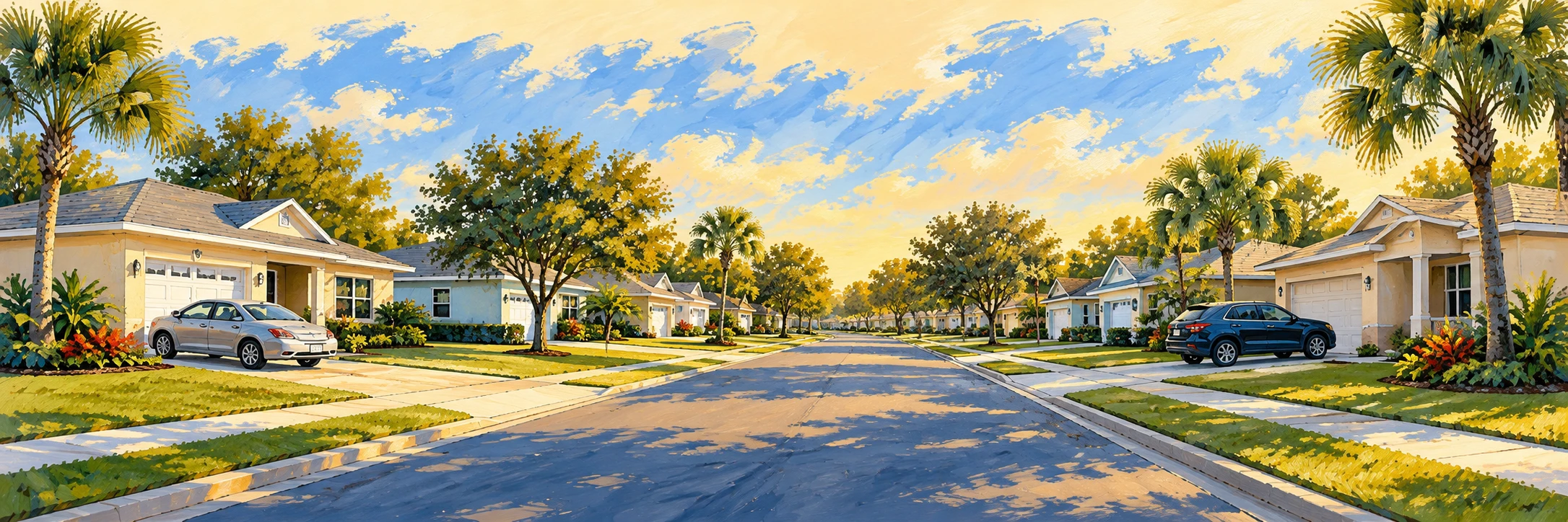 Gouache illustration of a Florida neighborhood with homes, palms, and a tree-lined street.