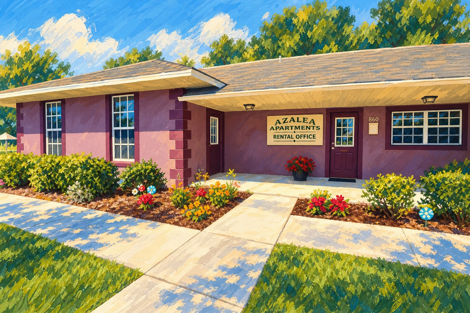 Ilustración pintada de la oficina de alquiler de Azalea Apartments en Bowling Green.