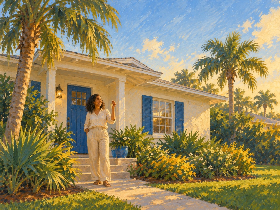 Ilustración pintada de una mujer frente a una vivienda en Florida.