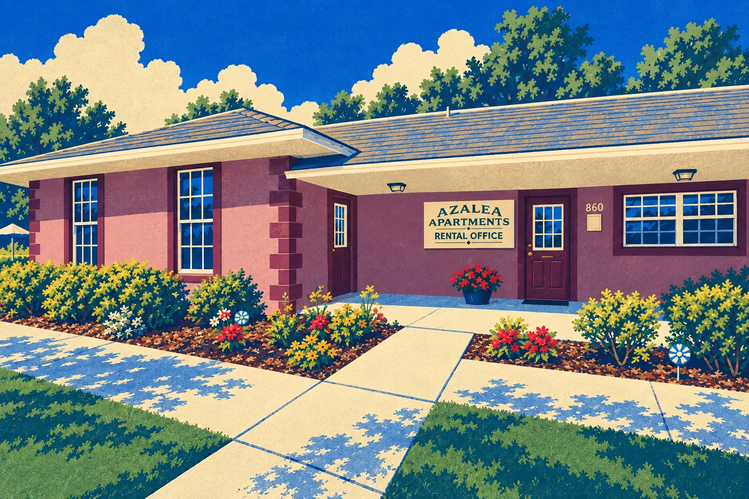 Illustration of the Azalea Apartments rental office and its sign in Bowling Green.