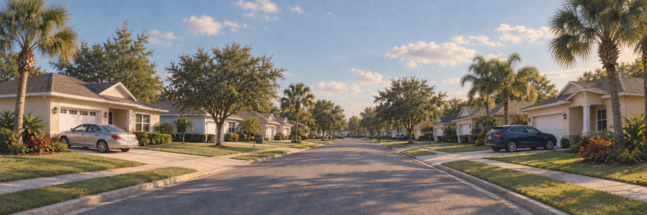 Photographic scene of a Florida neighborhood with homes, palms, and a tree-lined street.