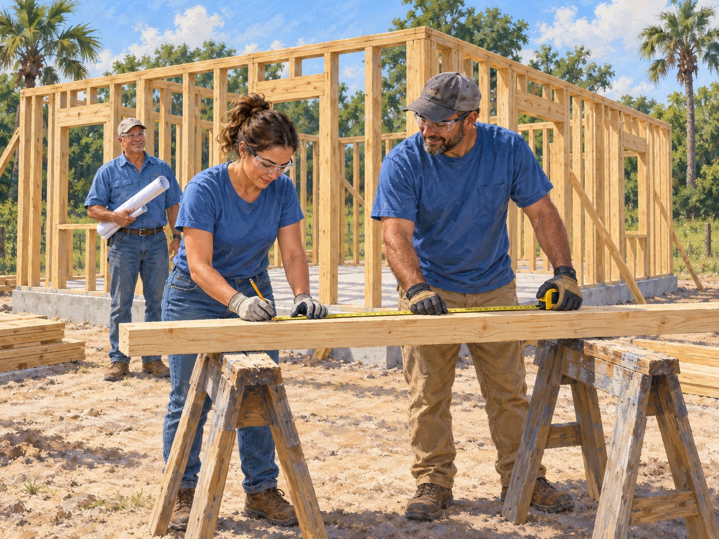 Gouache illustration of neighbors measuring lumber beside the unfinished timber frame of a home.