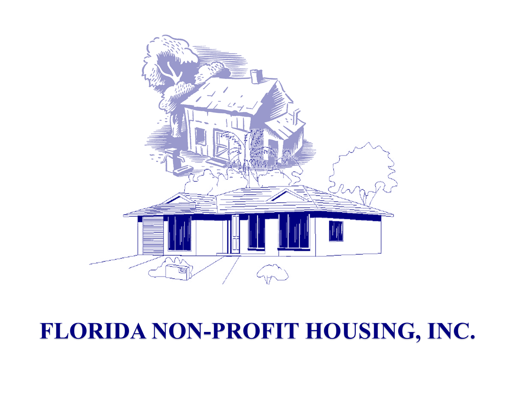 Original Florida Non-Profit Housing logo with blue house and Florida landscape illustrations.
