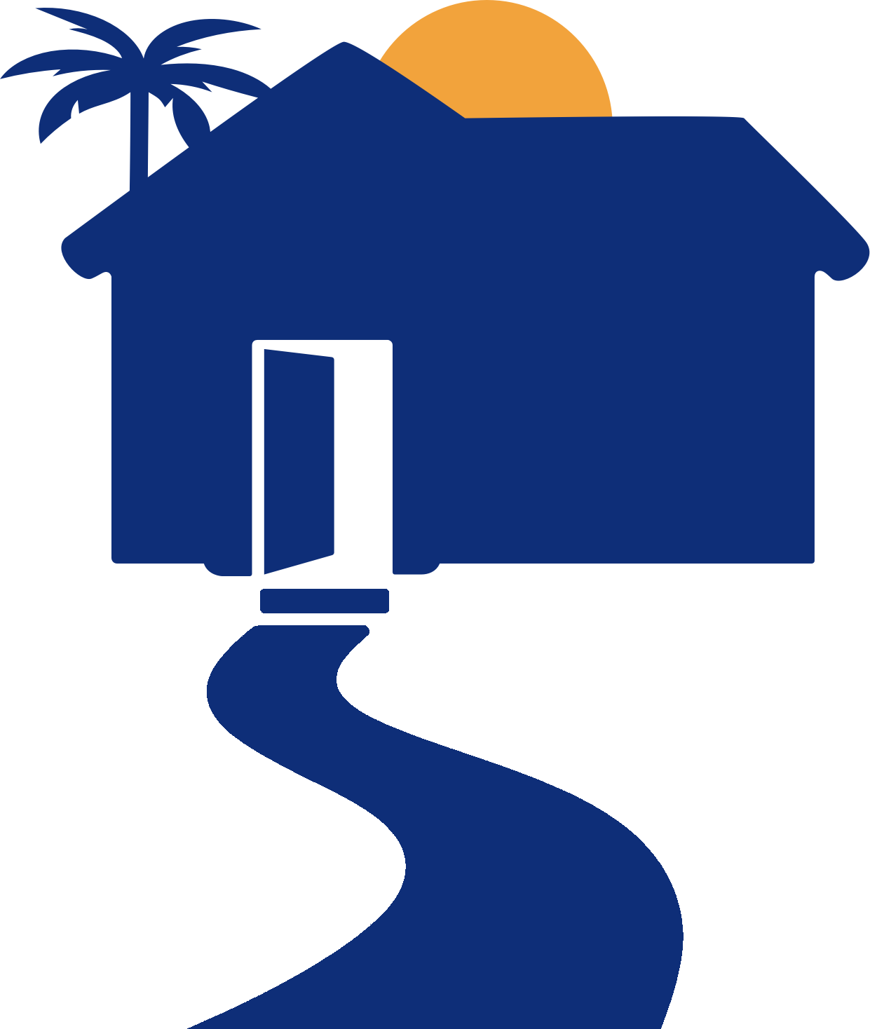 Navy house with an open door and a winding path.